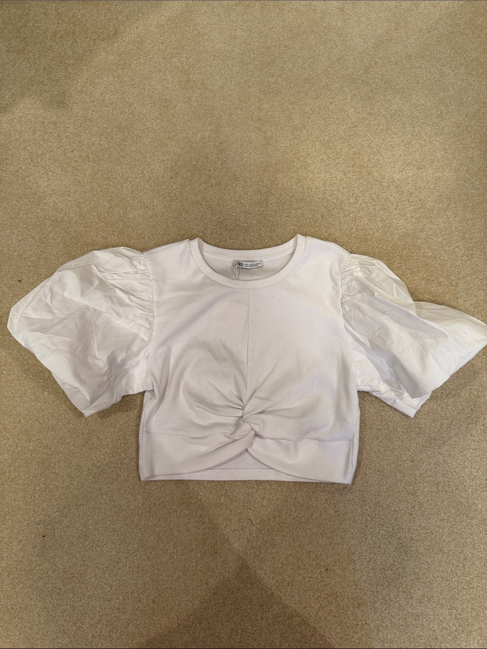 White Puff-Sleeve Twist Front Top